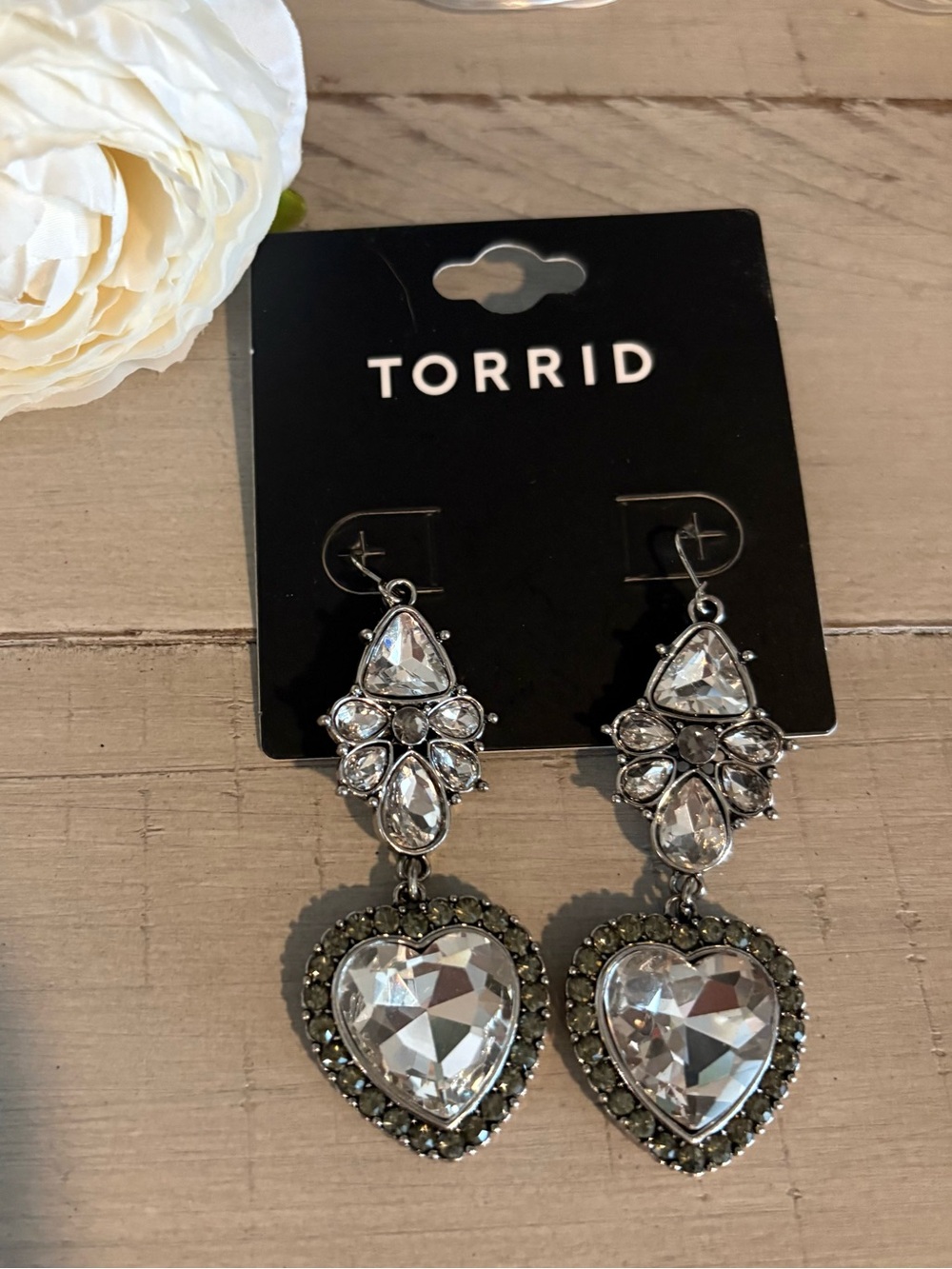 torrid Silver-Tone Rhinestone Crystal Heart Drop Earrings New